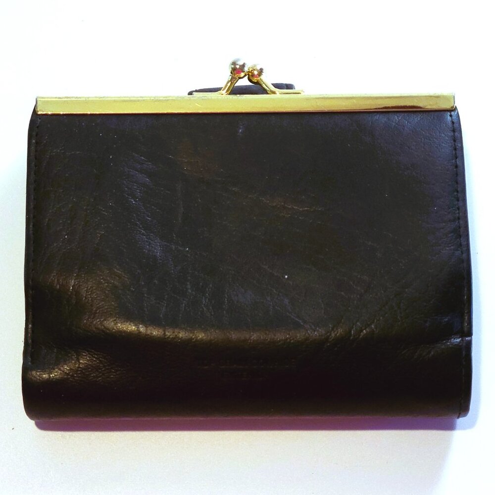 Buxton Leather BiFold Wallet Snap Kisslock Coin Black Top Grain Cowhide Vintage - Picture 2 of 16